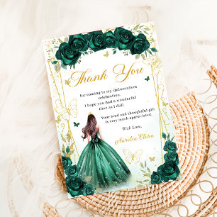 Emerald Green Floral Butterflies Quinceañera Thank You Card