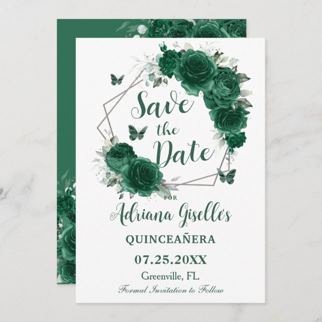 Emerald Green Floral Butterflies Sweet 16 Birthday Save The Date (Front/Back)