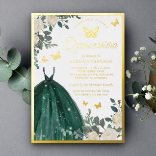 Emerald Green Floral Butterfly Quinceanera Gold