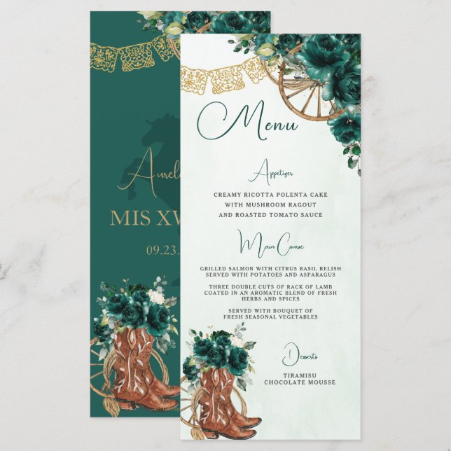 Emerald Green Floral Charro Quinceañera XV Menu (Front/Back)