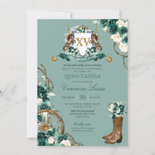 Emerald Green Floral Crest Charro Quinceanera Invi Invitation