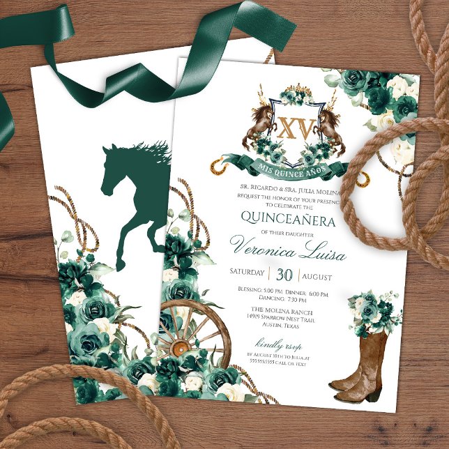 Emerald Green Floral Crest Charro Quinceanera Invitation (Creator Uploaded)