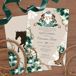 Emerald Green Floral Crest Charro Quinceanera v3 Invitation
