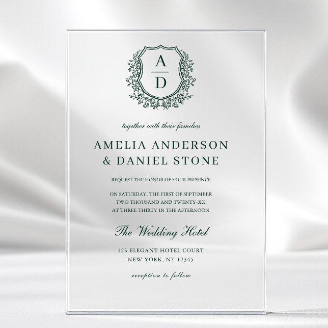 Emerald Green Floral Crest Monogram Wedding Acrylic Invitations (Creator Uploaded)