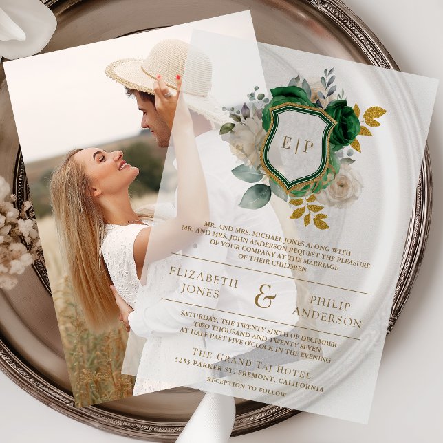 Emerald Green Floral Crest Monogram Wedding Vellum Invitations (Creator Uploaded)