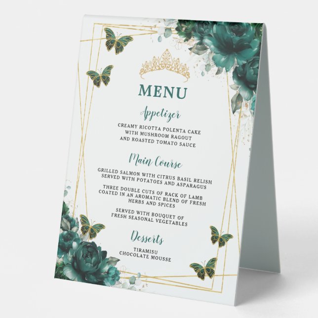 Emerald Green Floral Double-Sided Food Bar Menu (Front)