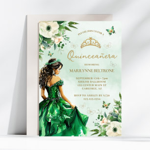 Emerald Green Floral Dress Butterfly Quinceañera  Invitation