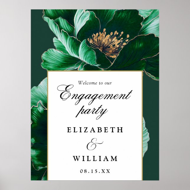 Emerald Green Floral Engagement Party Welcome Sign (Front)