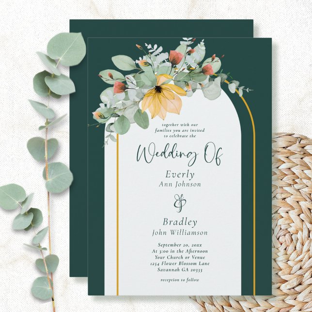 Emerald Green Floral Eucalyptus Non Photo Wedding  Invitation (Creator Uploaded)