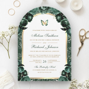 Emerald Green Floral Gold Arch Butterfly Wedding Invitation