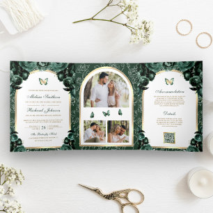 Emerald Green Floral Gold Arch Butterfly Wedding Tri-Fold Invitation
