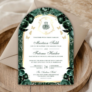 Emerald Green Floral Gold Arch Muslim Wedding Invitation