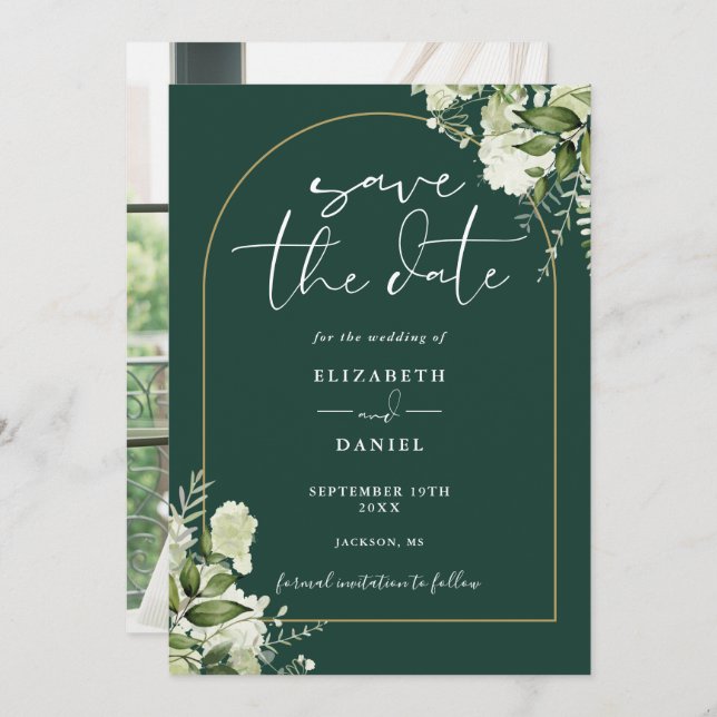 Emerald Green Floral Gold Arch Photo Wedding Save The Date (Front/Back)