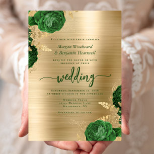Emerald Green Floral Gold Brushed Metal Wedding Invitation