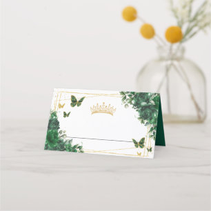 Emerald Green Floral Gold Butterflies Quinceañera Place Card
