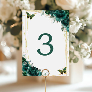 Emerald Green Floral Gold Butterflies Wedding  Table Number