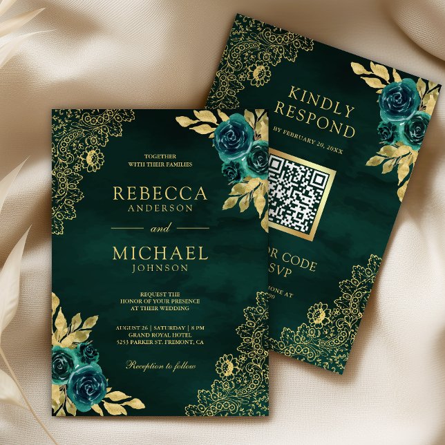 Emerald Green Floral Gold Lace QR Code Wedding Invitation (Creator Uploaded)