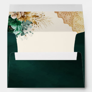 Emerald Green Floral Gold Lace Wedding Envelope