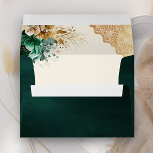 Emerald Green Floral Gold Lace Wedding Envelope