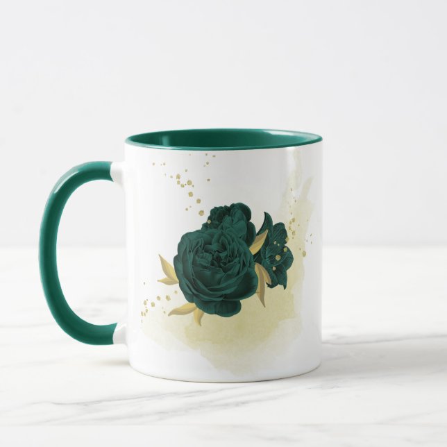emerald green floral gold mug (Left)