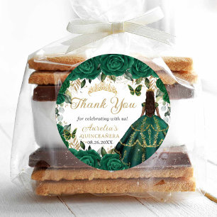 Emerald Green Floral Gold Princess Quinceanera 16 Classic Round Sticker