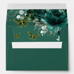 Emerald Green Floral Gold Quinceañera Sweet 16 Envelope