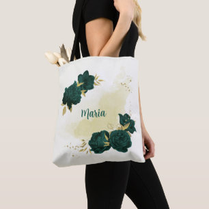 emerald green floral gold tote bag