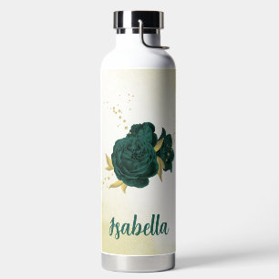 emerald green floral gold water bottle