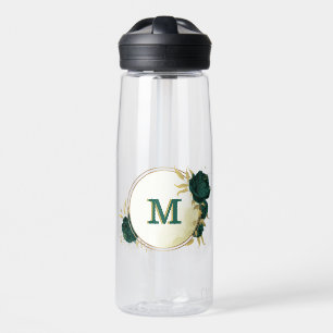 emerald green floral gold water bottle