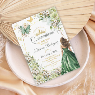 Emerald Green Floral Golden Butterfly Quinceañera Invitation