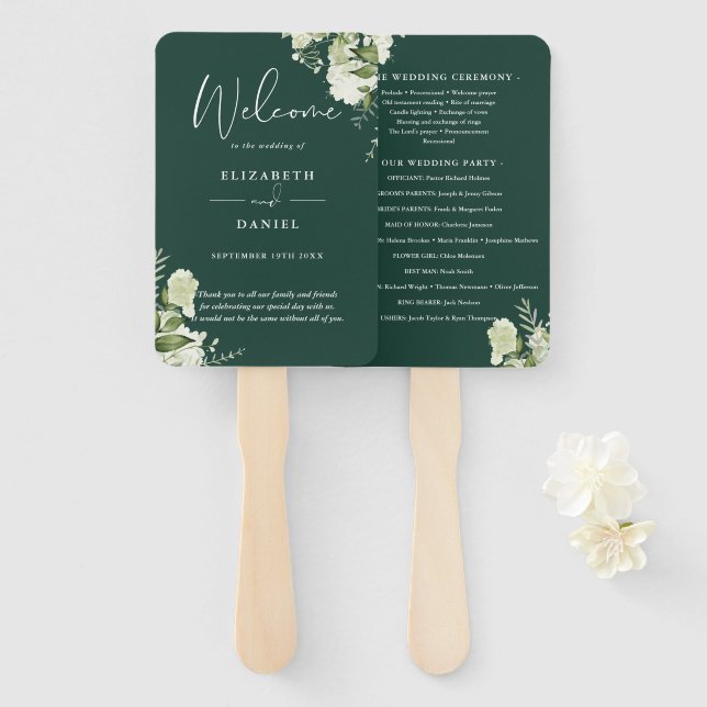 Emerald Green Floral Greenery Wedding Program Hand Fan (Front and Back)