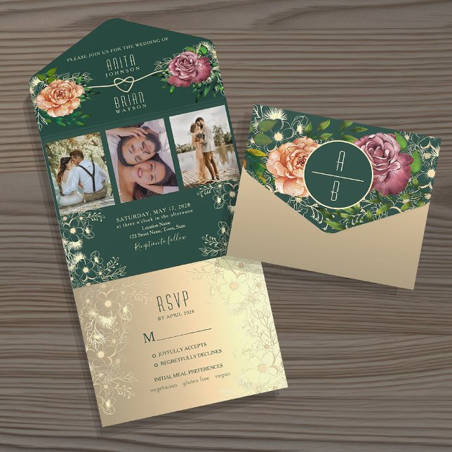 Emerald Green Floral Jewel Tone Wedding All In One Invitation (Creator Uploaded)