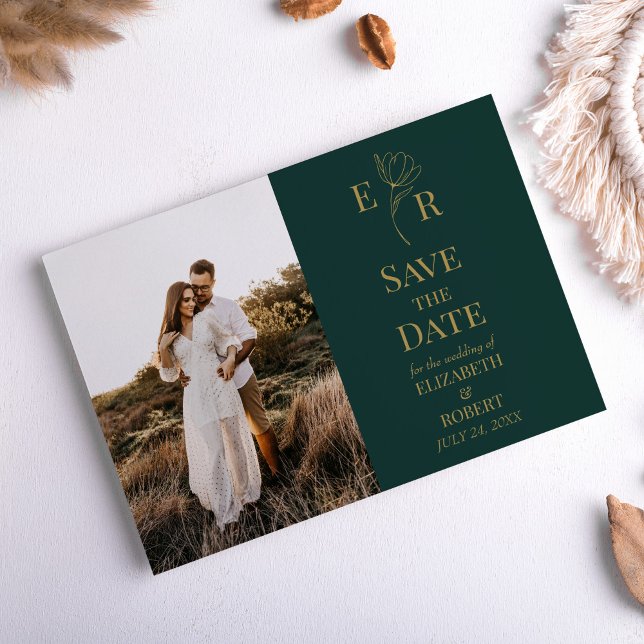 Emerald Green Floral Monogram Photo Save the Date Invitation (Emerald Green Floral Monogram Photo Save the Date Invitation on a neutral boho table.)
