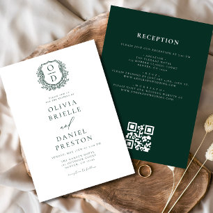 Emerald Green Floral Monogram Wedding QR Code Invitation