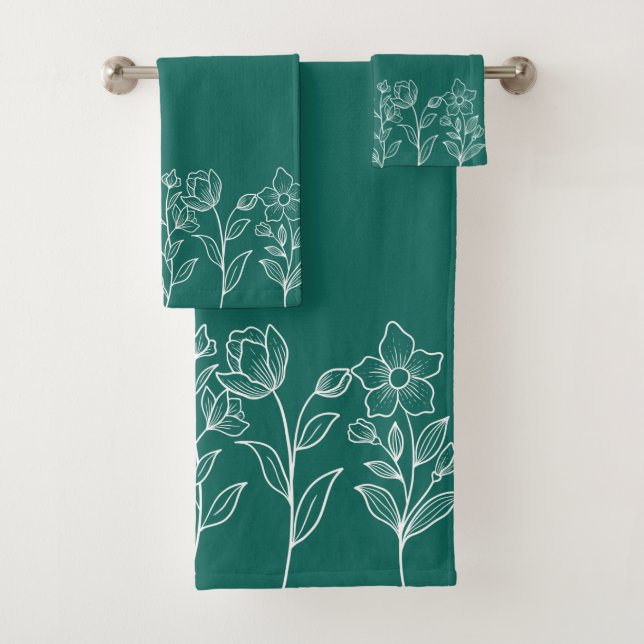 Emerald Green Floral Pattern Modern Unique Bath Towel Set (Insitu)