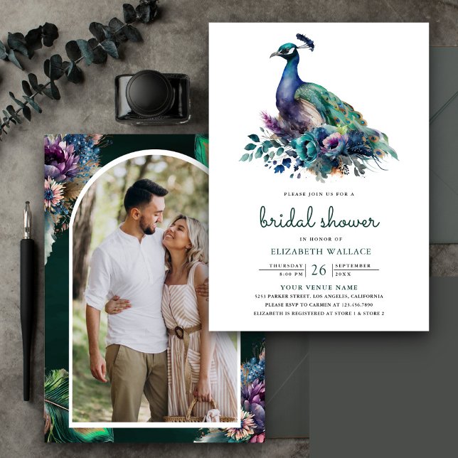 Emerald Green Floral Peacock Photo Bridal Shower Invitation (Creator Uploaded)