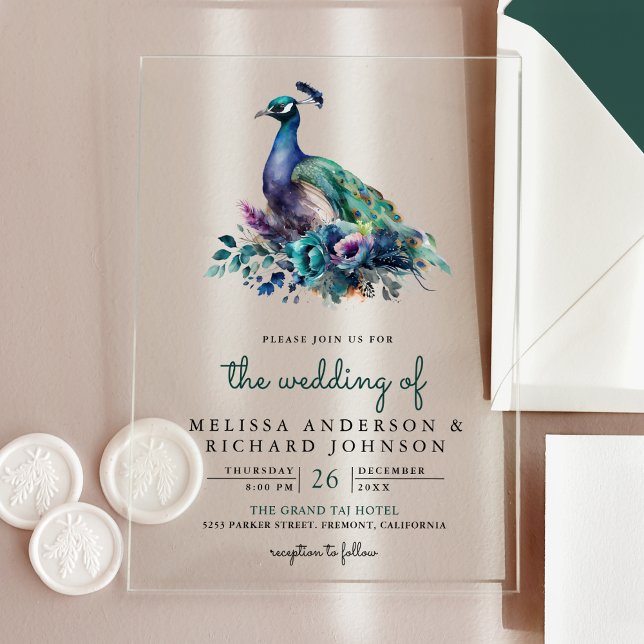 Emerald Green Floral Peacock Wedding Acrylic Invitations (Creator Uploaded)