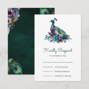 Emerald Green Floral Peacock Wedding RSVP Card