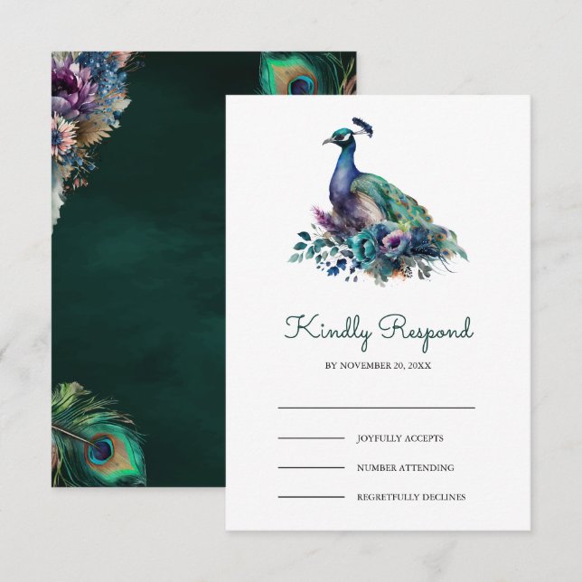 Emerald Green Floral Peacock Wedding RSVP Card (Front/Back)