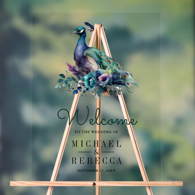Emerald Green Floral Peacock Wedding Welcome Acrylic Sign (Neutral)
