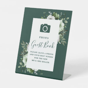 Emerald Green Floral Photo Guest Book Wedding Pedestal Sign