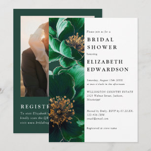 Emerald Green Floral Photo QR Code Bridal Shower Invitation