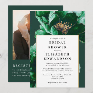 Emerald Green Floral Photo QR Code Bridal Shower Invitation