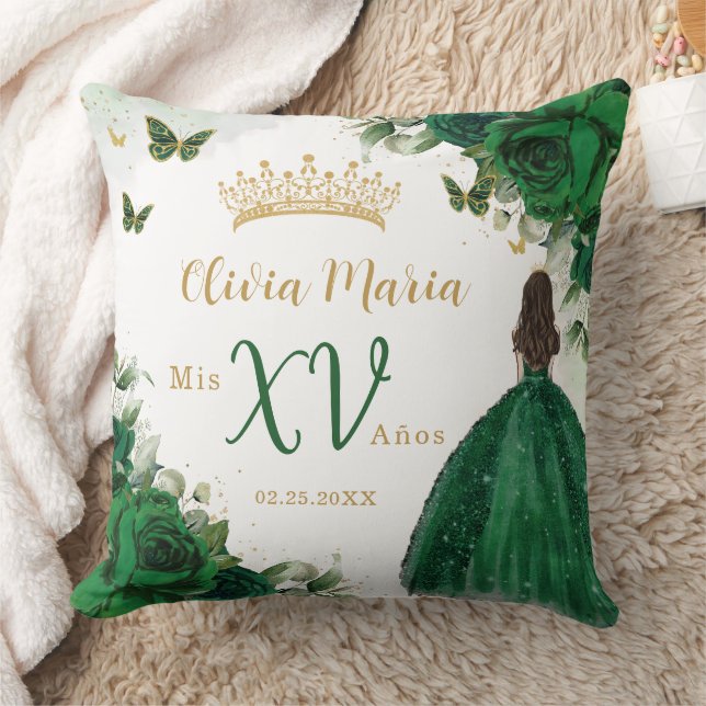 Emerald Green Floral Princess Dress Quinceañera Cushion (Blanket)