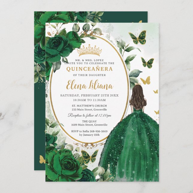 Emerald Green Floral Princess Gold Quinceañera Invitation (Front/Back)