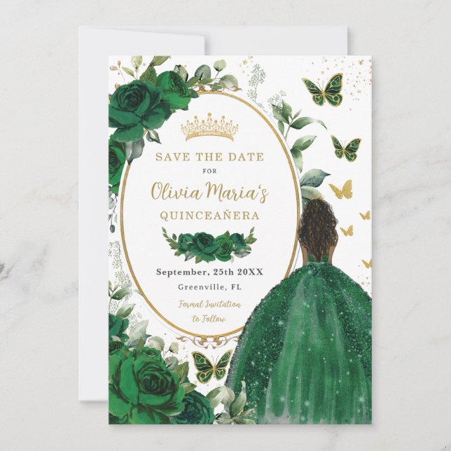 Emerald Green Floral Princess Gold Quinceañera Save The Date (Front)