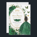 Emerald Green Floral Princess Gold Quinceañera Save The Date<br><div class="desc">Personalise this pretty emerald green floral Quinceañera / Sweet 16 birthday save the date easily and quickly. Simply click the customise it further button to edit the texts, change fonts and fonts colours. Featuring a girl dressed in a beautiful glittery green ball gown, vibrant green roses, butterflies and a gold...</div>