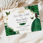 Emerald Green Floral Princess Gold Quinceañera Save The Date<br><div class="desc">Personalise this pretty emerald green floral geometric gold Quinceañera / Sweet 16 birthday save the date easily and quickly. Simply click the customise it further button to edit the texts, change fonts and fonts colours. Featuring a girl dressed in a beautiful glittery emerald green ball gown, vibrant emerald green roses,...</div>