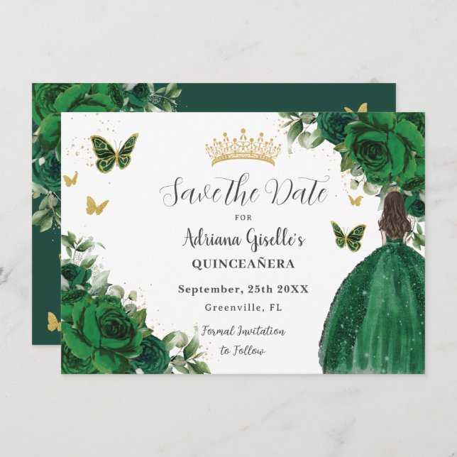 Emerald Green Floral Princess Gold Quinceañera Save The Date (Front/Back)