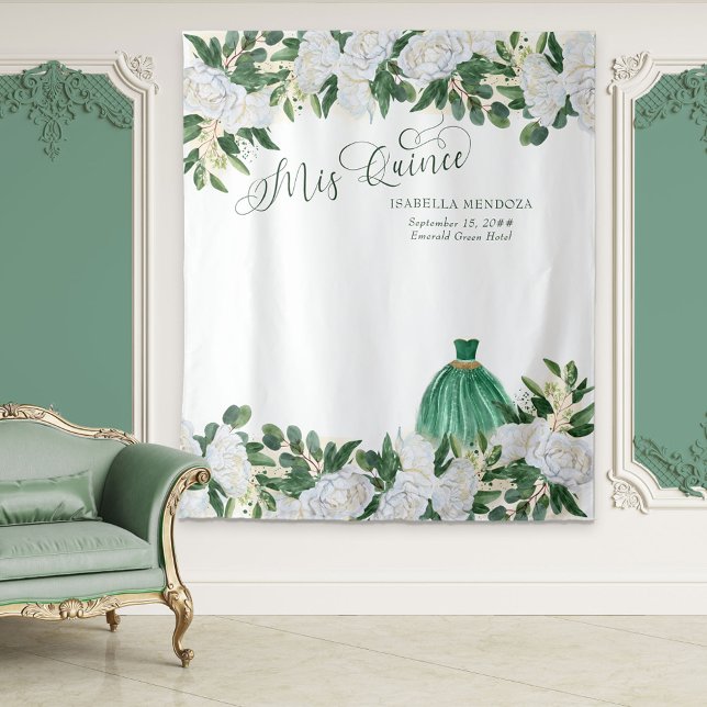 Emerald Green Floral Princess Quinceanera Backdrop Tapestry (Creator Uploaded)